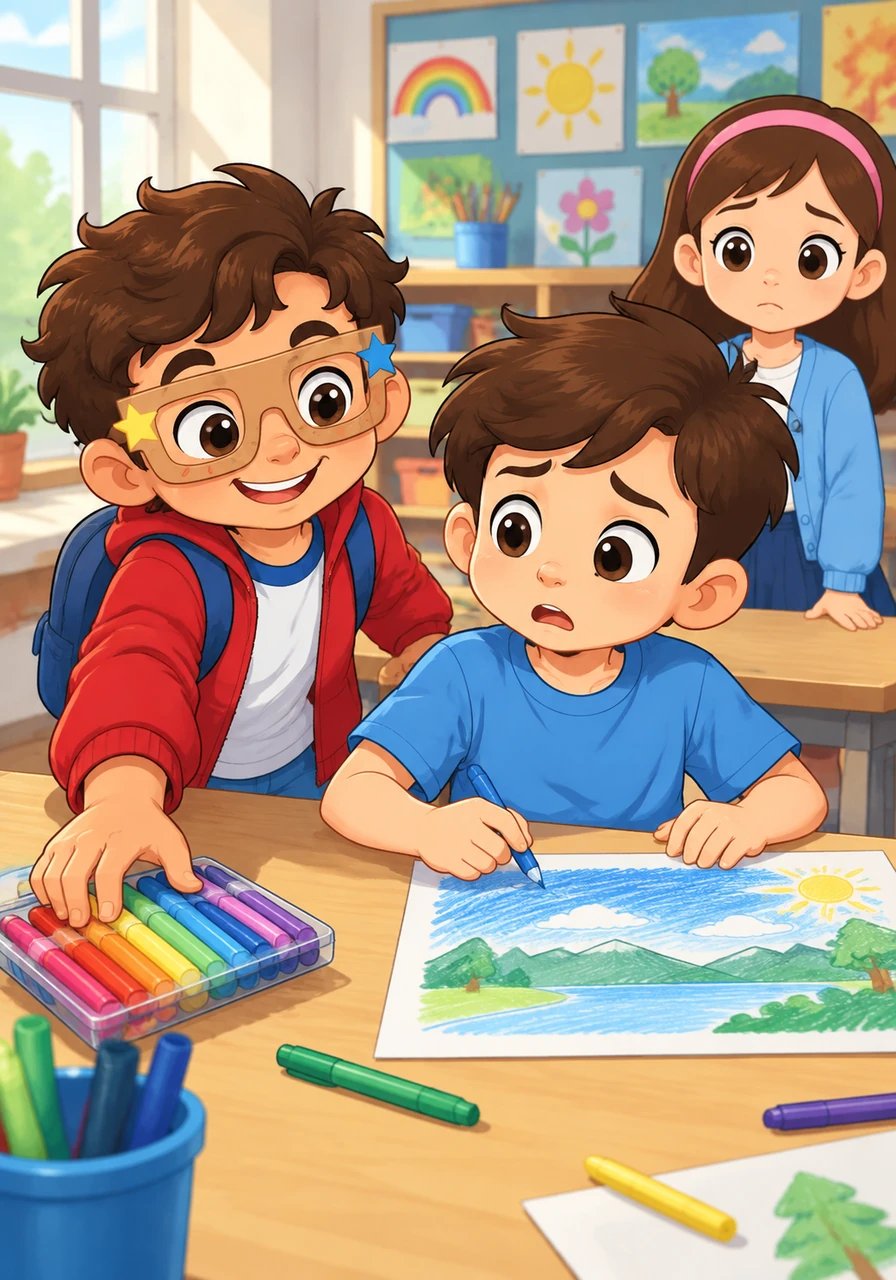 Más tarde, en la hora de dibujo, Mateo tomó los marcadores brillantes de la mesa de Leo sin pedírselos prestados. Leo se quedó sorprendido y desanimado, pues estaba a punto de usarlos para pintar el cielo de su paisaje.