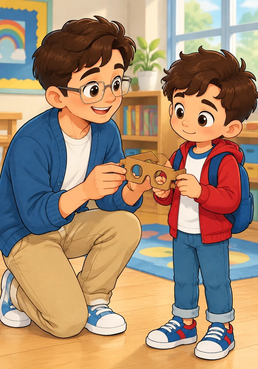 Al notar lo que sucedía, el maestro Andrés invitó a Mateo a un rincón del salón y le prestó unos lentes mágicos de cartón. Le explicó con amabilidad que esos lentes le ayudarían a ver el mundo a través de los ojos de sus amigos.