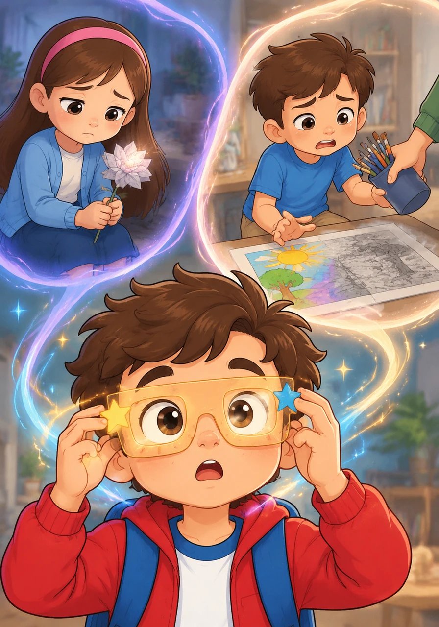 Al ponerse los lentes mágicos, Mateo vio una imagen reveladora. Notó cómo la flor de papel de Sofía perdía su brillo cuando no la escuchaban y cómo el dibujo de Leo se quedaba sin colores cuando le quitaban sus materiales.