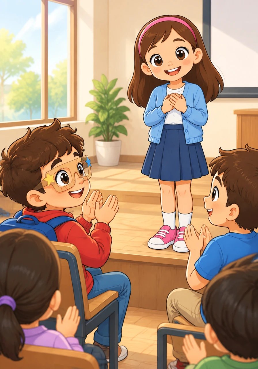 Al día siguiente, cuando Sofía volvió a hablar frente al grupo, Mateo escuchó en silencio con atención sincera. Al terminar, la aplaudió con entusiasmo y Sofía le regaló una gran sonrisa de gratitud.