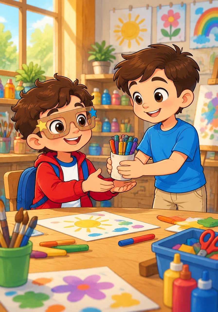 En la clase de arte, Mateo esperó pacientemente a que Leo terminara de usar los marcadores y le pidió permiso con amabilidad para utilizarlos. Leo, muy contento por su cortesía, los compartió de inmediato.