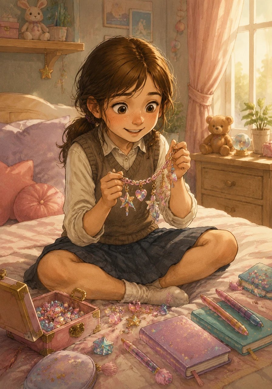 Lila was a bright, imaginative ten-year-old girl who found pure joy in all things pretty. Her bedroom was a wonderland of sparkly pens, pastel notebooks, and tiny, glittering charms that caught the sunlight. She loved to hold these colorful treasures, admiring how they shined, but sometimes she would absentmindedly carry them away and forget to return them.