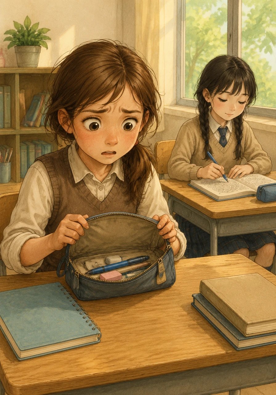 On a bright Monday morning, Mia excitedly opened her pencil case at her school desk, only to freeze in sudden disbelief. Her absolute favorite pink gel pen, which she had been using just the day before, was completely missing from its usual spot. Nearby, Lila sat quietly at her own desk, completely absorbed in drawing intricate swirls on her notebook with a completely different pen.