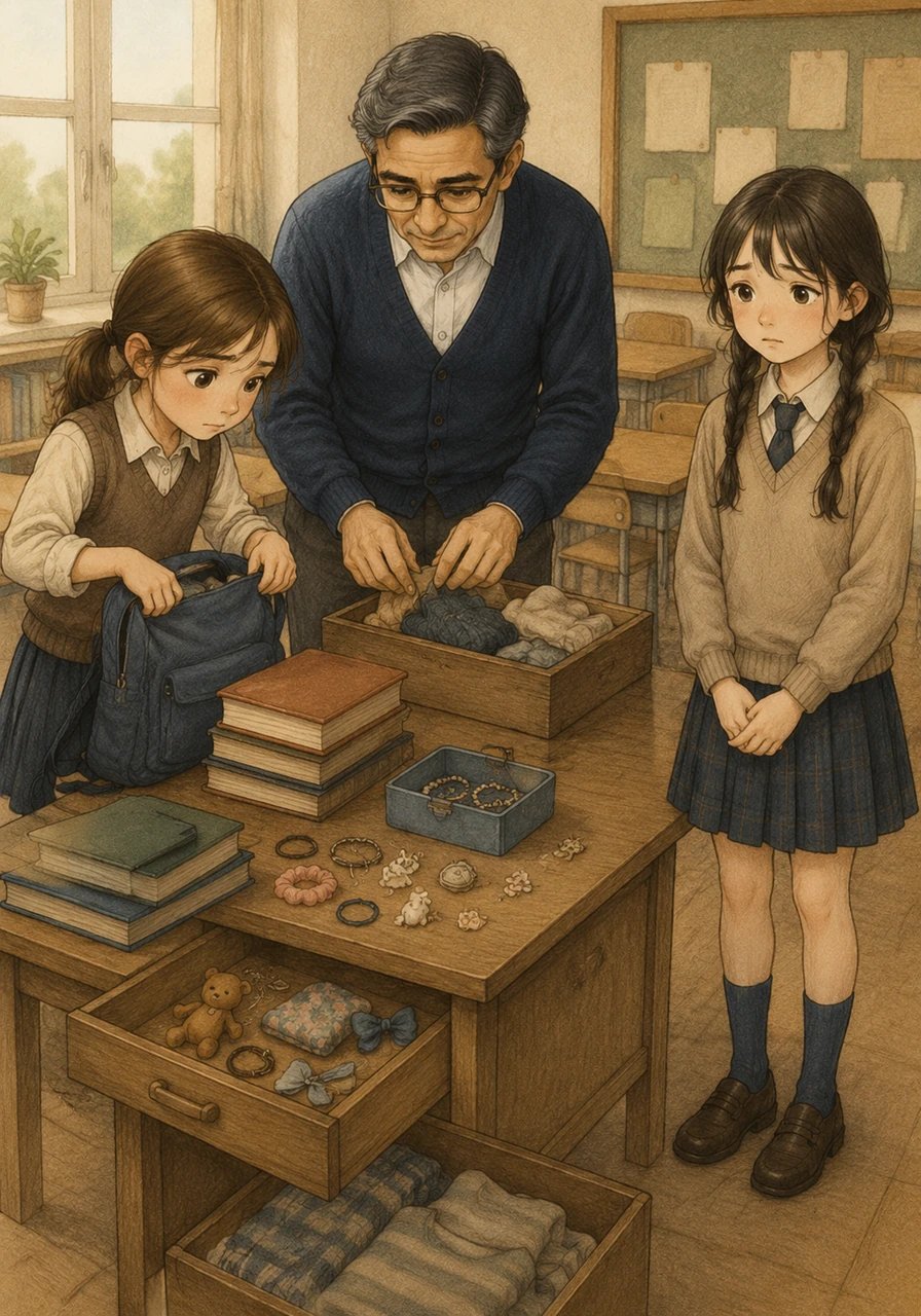 The classroom teacher decided to help by organizing a gentle, thorough search through the lost property boxes, tidy desks, and school bags. To everyone's surprise, several of the missing trinkets quietly began reappearing in unexpected places like open drawers and beneath stacks of books. Watching this, Lila felt a nervous twist in her stomach as she recognized some of the items, feeling deeply confused about how they got there.
