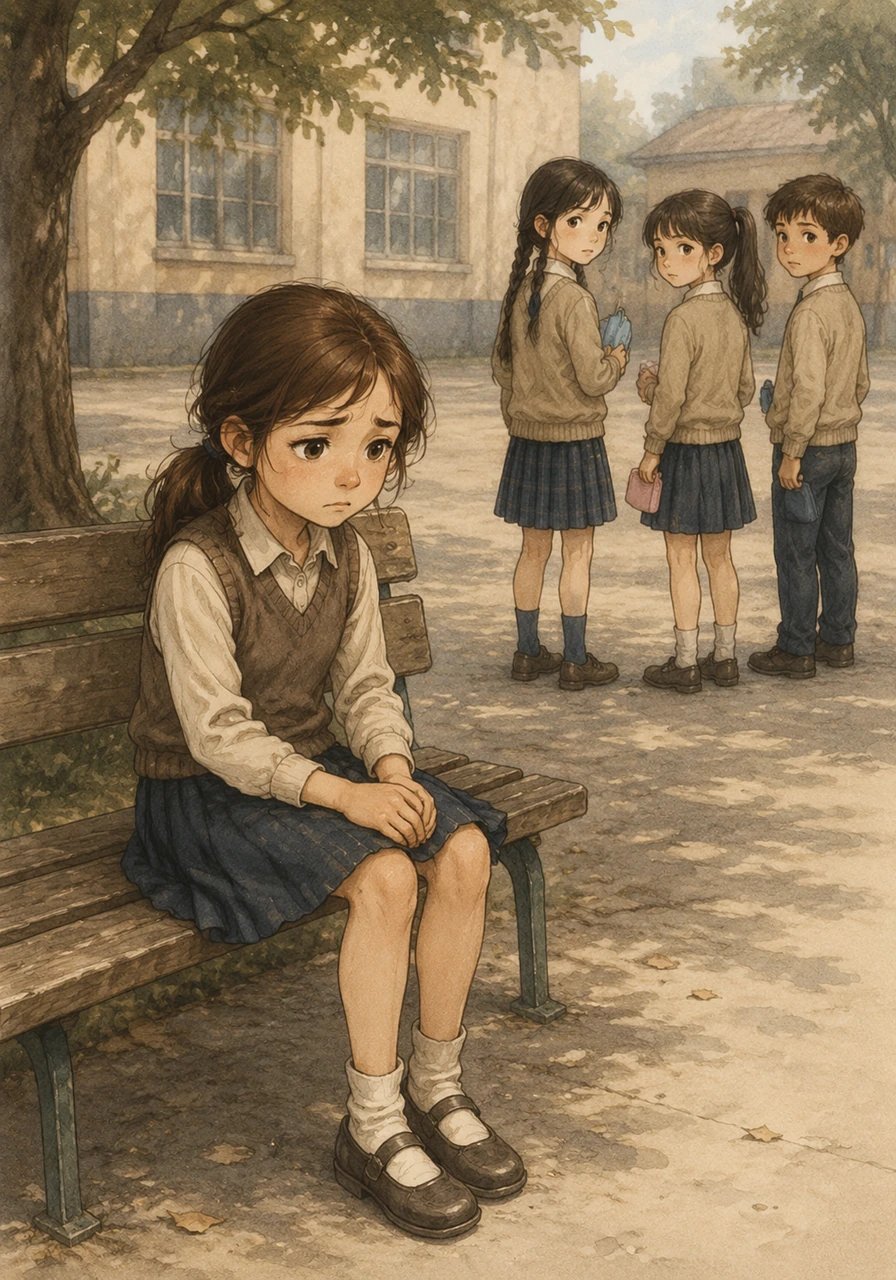 A heavy, lonely feeling began to settle over Lila as she realized her friends were acting differently around her. They still spoke to her, but she was no longer invited to join their recess games, and everyone guarded their pencil cases carefully whenever she walked past. Lila sat alone on the wooden bench, missing the easy laughter and warm trust they all used to share.