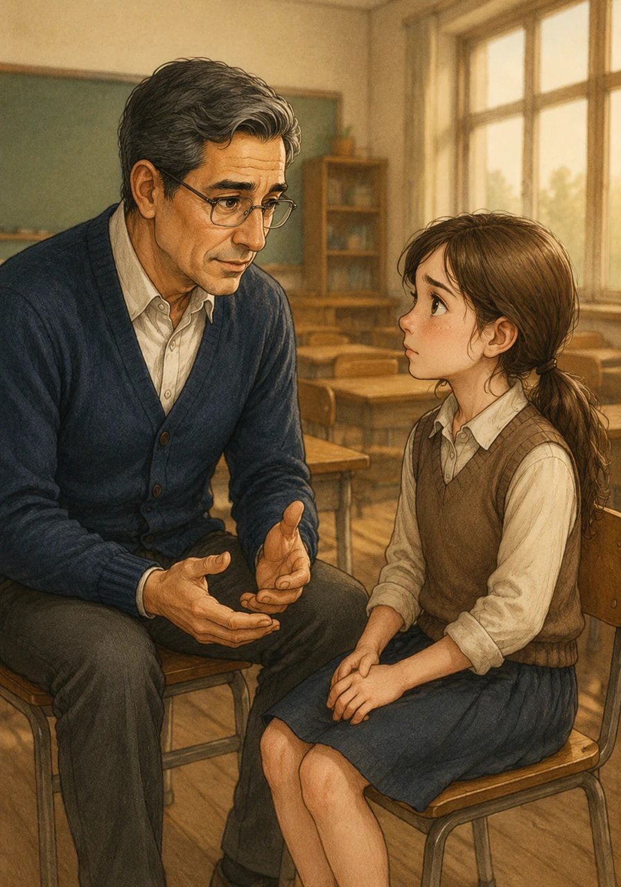 After class dismissed, the teacher sat down with Lila in the quiet room for a gentle, private conversation. She explained that while beautiful things are wonderful to admire, it is always important to ask for permission before touching or taking them. The teacher softly reminded her that keeping others' belongings safe is how we build trust and make our friends feel secure.
