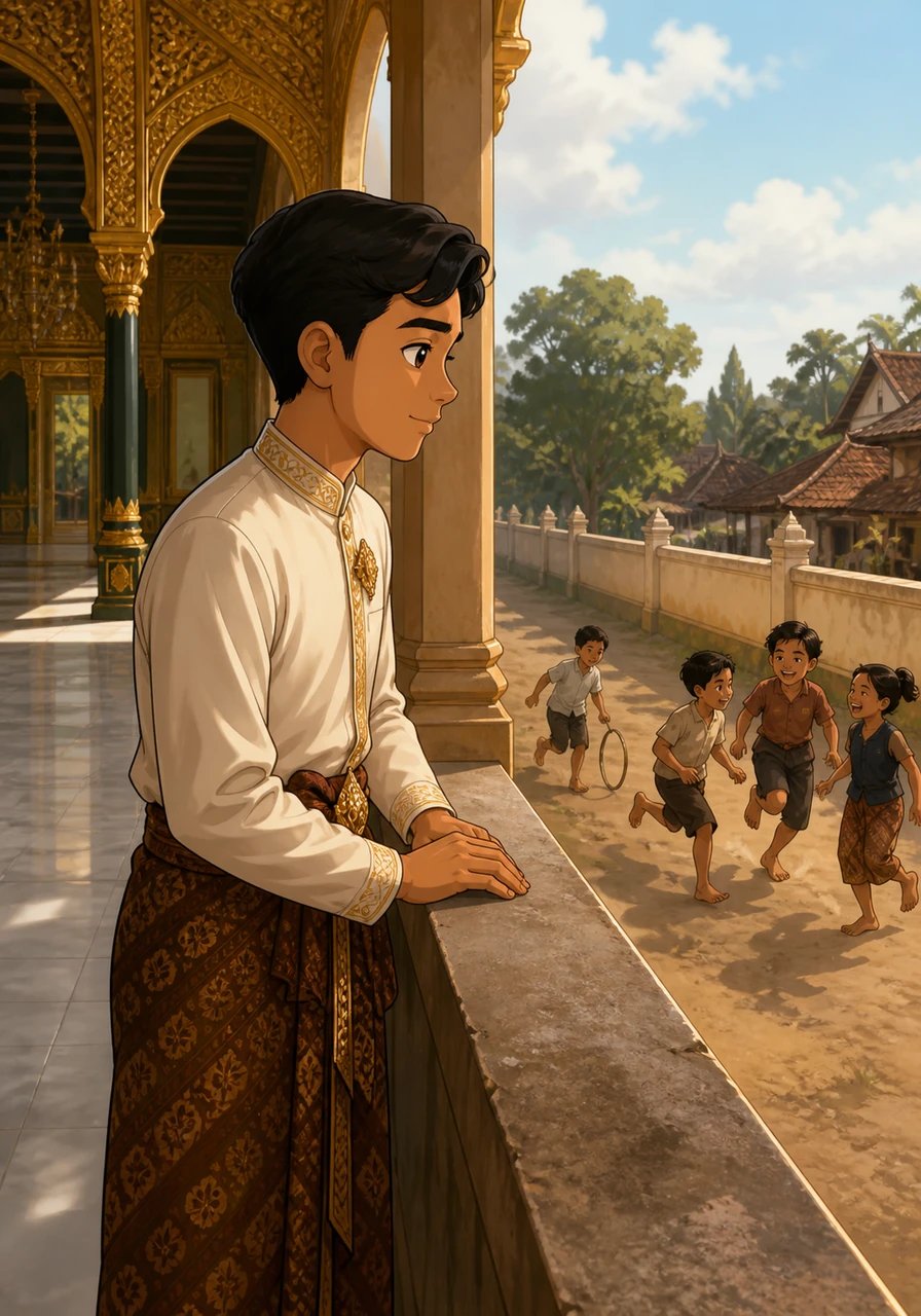 In a grand palace in Yogyakarta, surrounded by golden arches and quiet courtyards, a young noble prince named Soewardi was born. Although he grew up with fine silks and royal privileges, his curious eyes were always drawn to the children playing barefoot outside the high palace walls. He longed to know their world and share in their simple laughter.