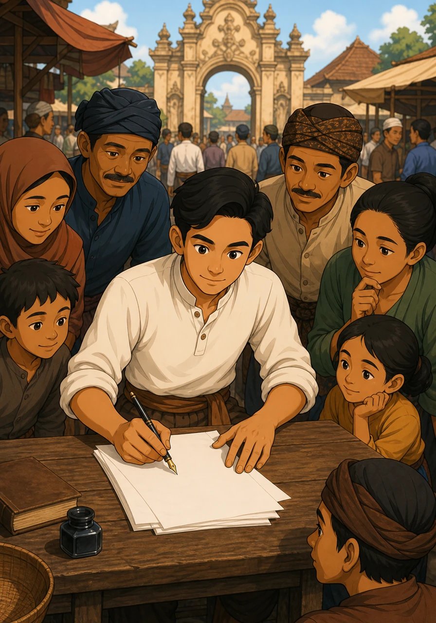 As he grew into a determined young man, Soewardi stepped beyond the palace gates and rolled up his sleeves to join the common people. He picked up a fountain pen, filling crisp sheets of paper with bold, honest words that spoke of fairness and freedom for all. Through newspapers, his pen became a powerful voice for those who could not speak for themselves.