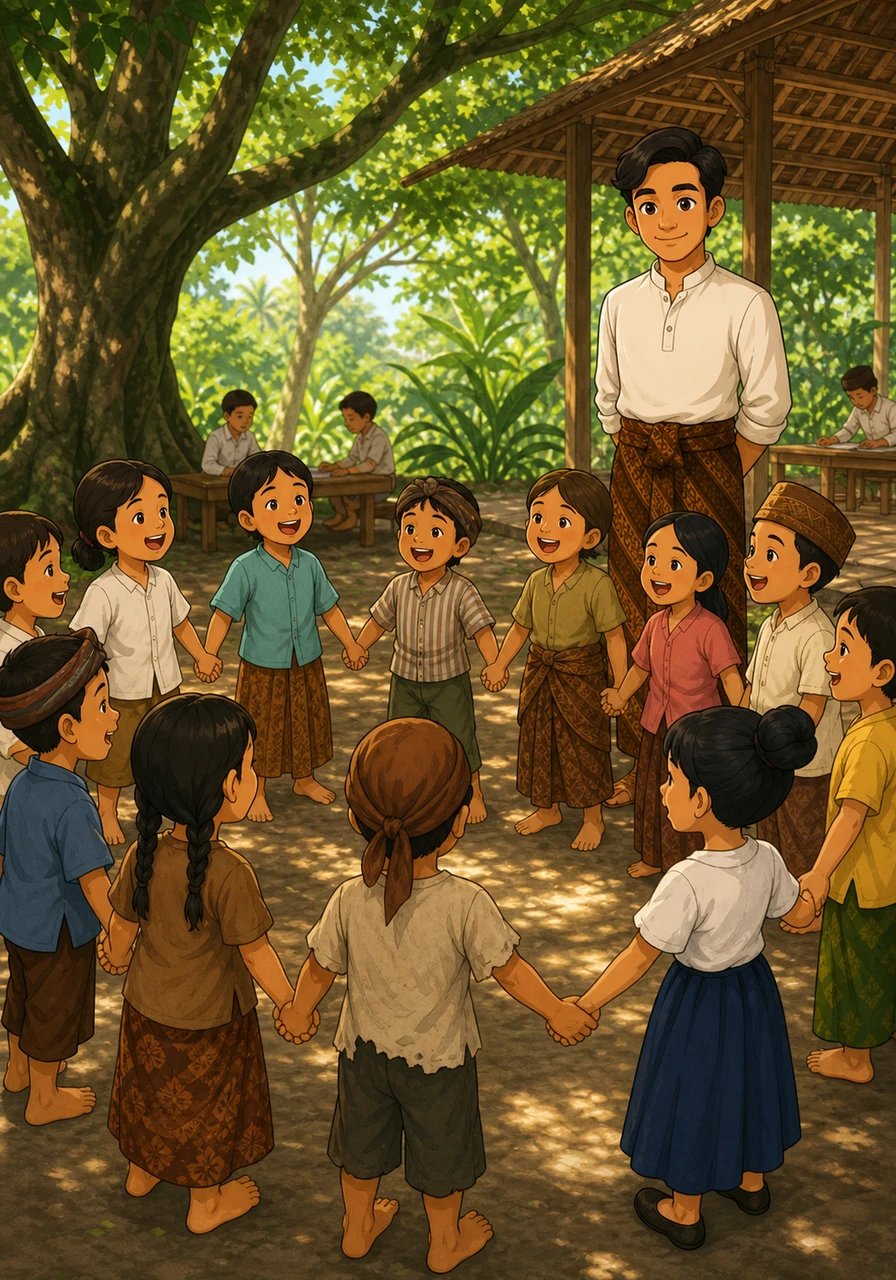 Under the shade of sprawling trees in Yogyakarta, Ki Hadjar founded the historic Taman Siswa school. Children from rich families and poor villages alike gathered under open roofs, holding hands and singing happily. For the first time, education was a joyful garden open to everyone without prejudice.