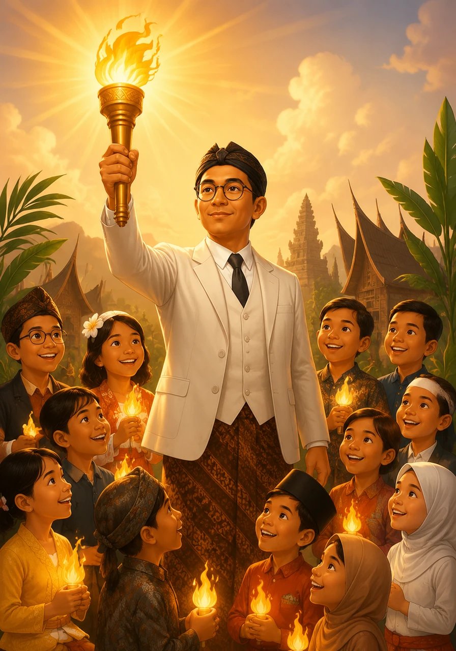 Years later, Ki Hadjar was celebrated as the nation's very first Minister of Education, holding high a radiant golden torch of learning. Today, every year on his birthday, children throughout the islands celebrate National Education Day, keeping his eternal flame of wisdom alive in their hearts.