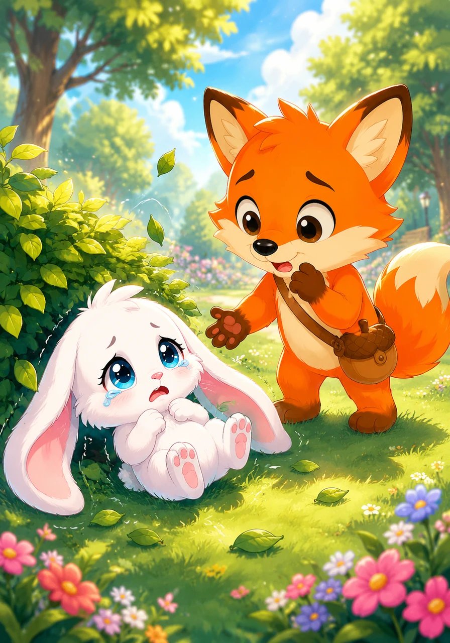 Suddenly, a rustle in the nearby bushes caught Finley's attention, and a small, white bunny tumbled out onto the grass. Her long ears were drooping, and her tiny paws trembled as she looked around the vast, unfamiliar park. She was completely lost, and big, watery tears began to well up in her eyes.