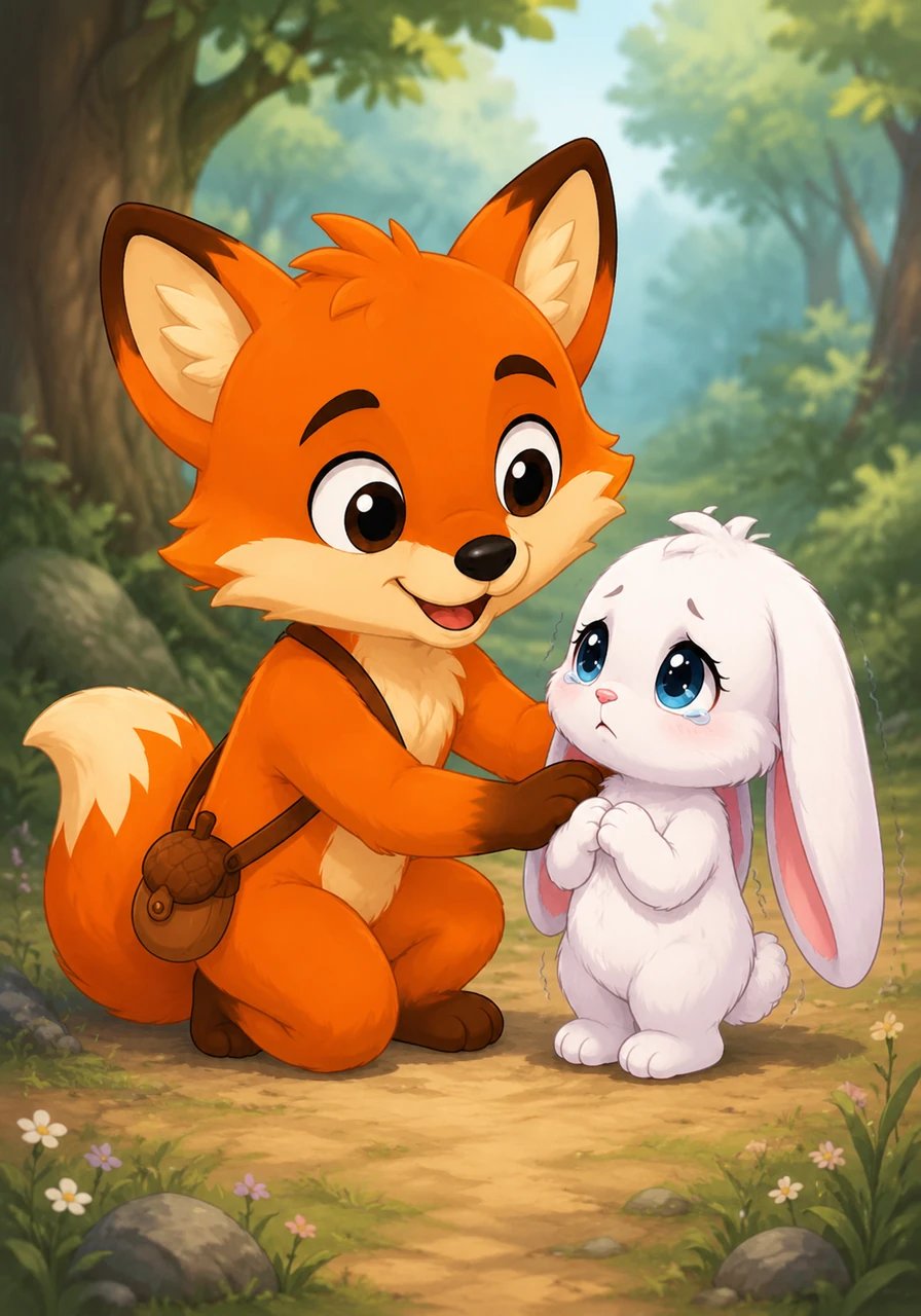 Finley trotted over gently, careful not to scare the little newcomer with his sudden movement. He knelt down, offering a warm smile and a soft, comforting pat on her shoulder. The bunny looked up, her shivering slowing down as she felt the unexpected warmth of the kind fox.