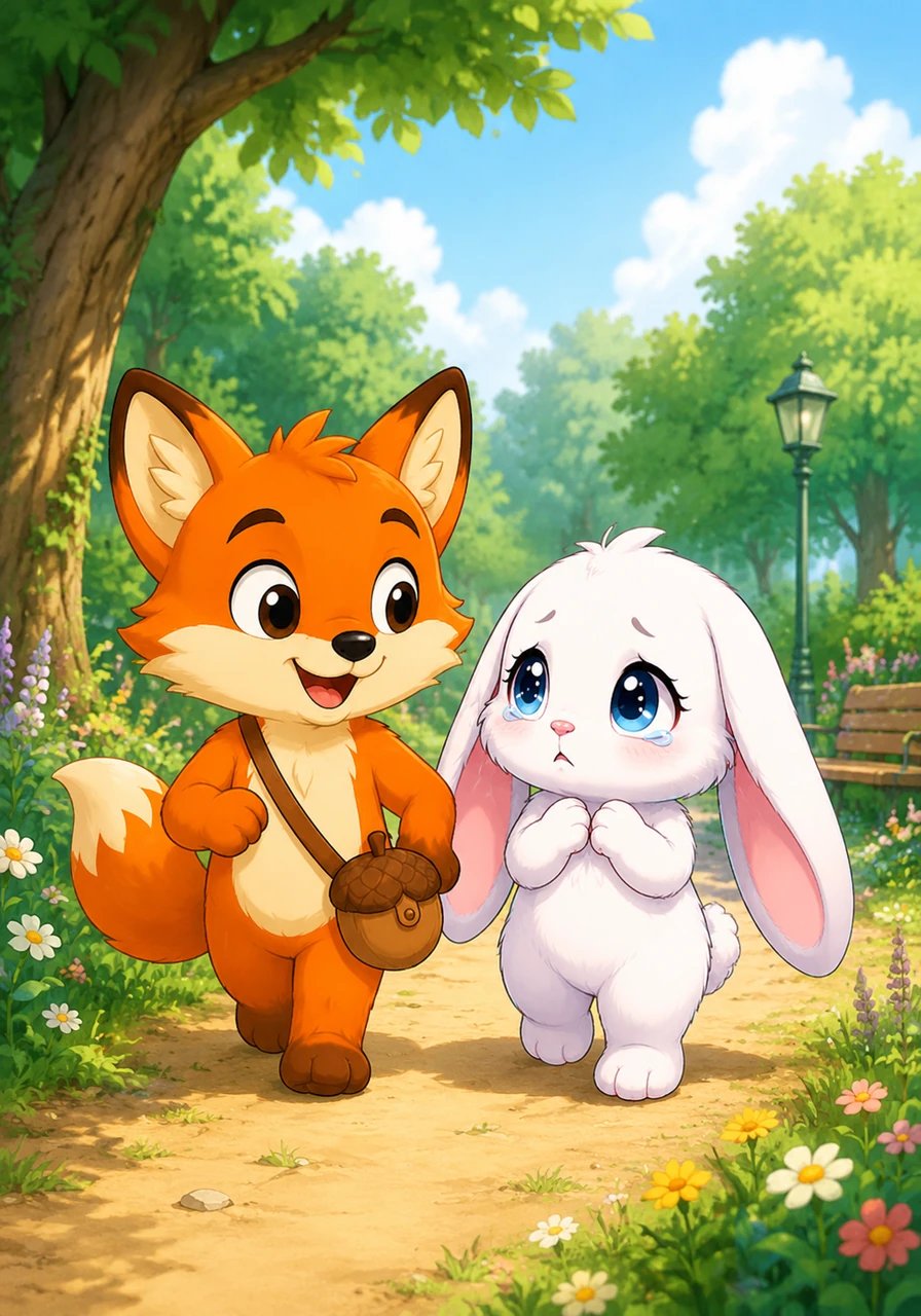 The bunny introduced herself as Pip and explained through quiet sniffles that she couldn't find her way back to the clover patch. Finley proudly puffed out his chest and promised to use his sharp nose and quick eyes to help her find the way. Side by side, they took their very first steps into the great park adventure together.