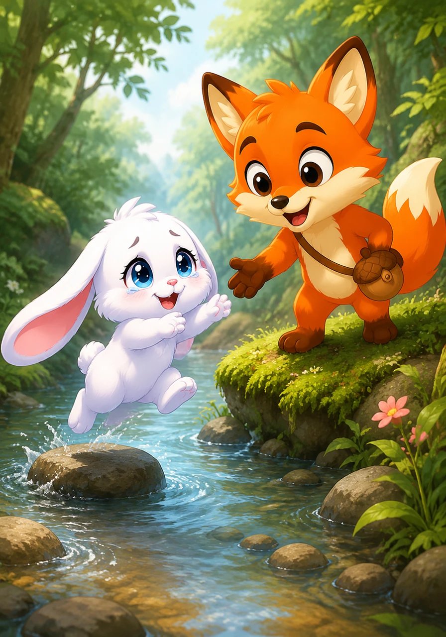 Their journey led them across a shallow, babbling stream where slippery stepping stones blocked their path. Finley jumped across gracefully, then reached his paw out over the cool water to steady Pip as she made a brave, wobbly leap. When she landed safely on the other side, they both burst into giggles, their fears completely forgotten.
