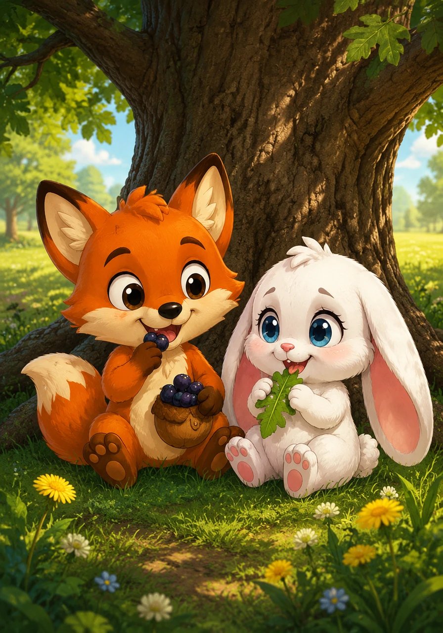 As the afternoon rolled on, they stopped under a grand oak tree to share a snack from Finley's small acorn pouch. Pip happily munched on fresh dandelion greens while Finley crunched on sweet wild berries, realized that food tasted so much better when shared with a friend. The quiet spaces between them were now filled with shared secrets and happy munching noises.