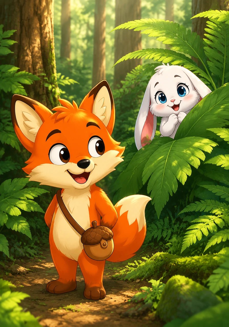 They played a cheerful game of hide-and-seek among the giant ferns, their laughter echoing through the tall trees. Finley pretended not to see Pip's long white ears poking out from behind a broad green leaf, making her clap her paws in delight when he finally 'found' her. The lonely park didn't feel so big or empty anymore.