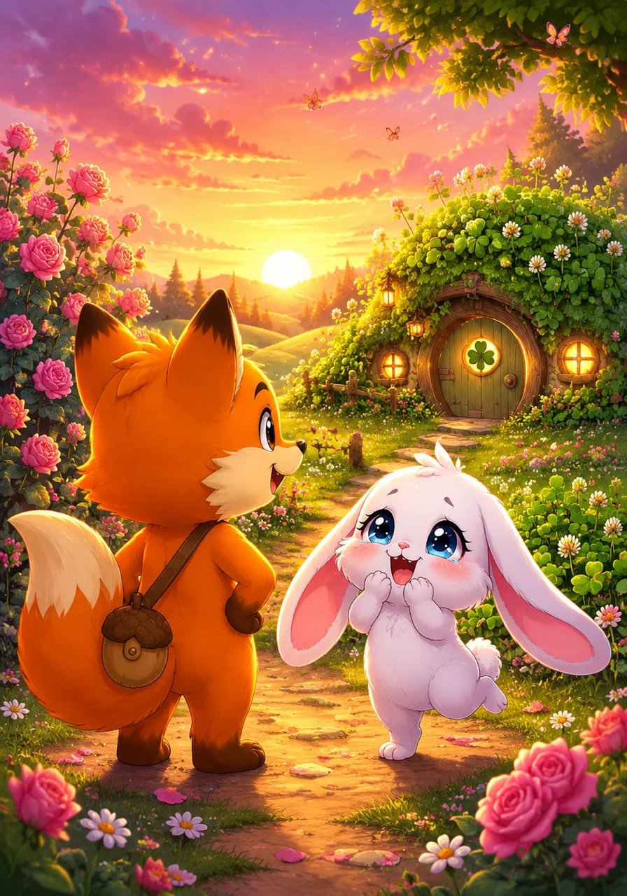 As the sun began to dip below the horizon, painting the sky in shades of warm pink and gold, Finley spotted a familiar sight. Just beyond a row of wild roses lay the cozy, safe borders of the clover patch that Pip called home. Pip squealed with joy, recognizing the sweet scent of her own meadow.