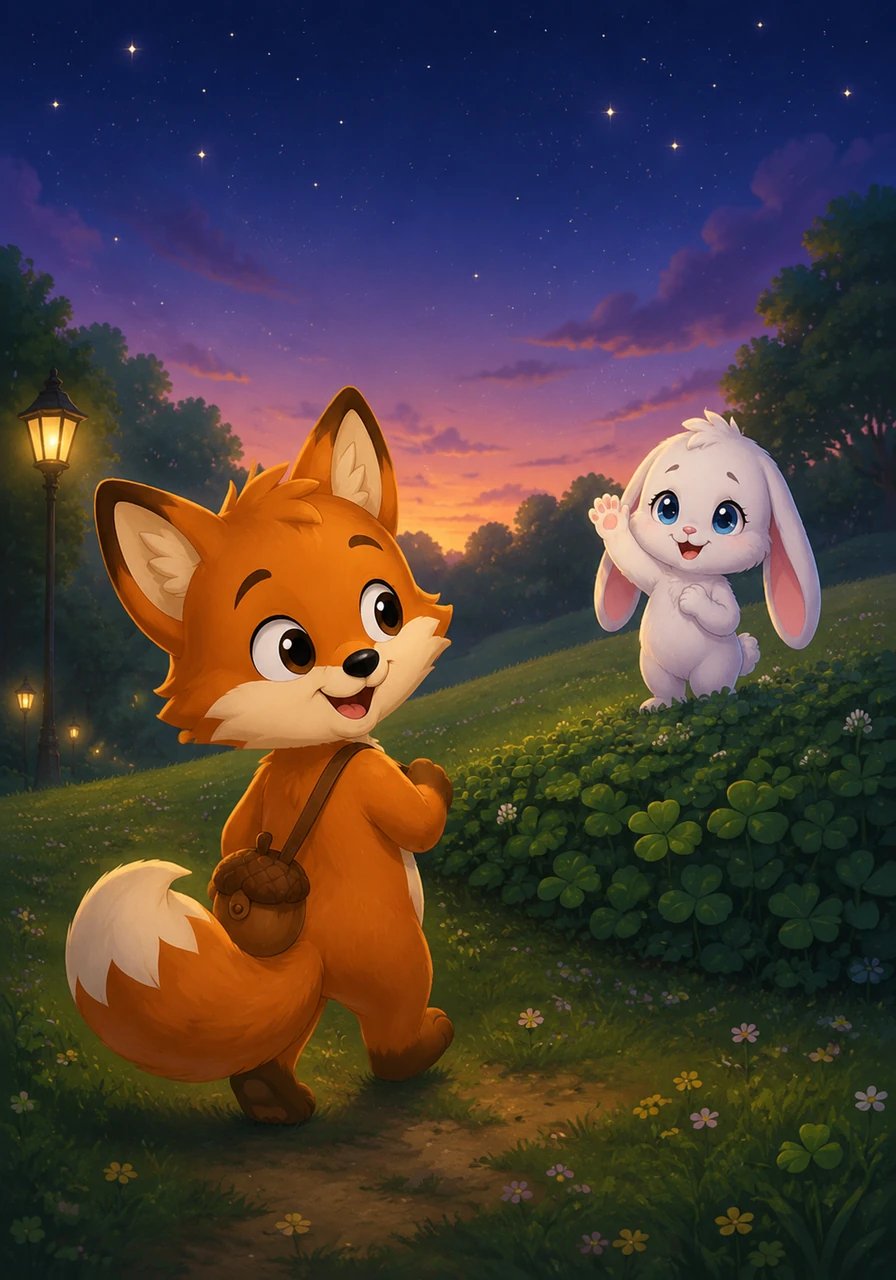 As twilight settled over the park, Finley walked back to his hill, but he wasn't lonely anymore. He looked back to see Pip waving from the edge of the clover patch, knowing that tomorrow would bring a brand new day of playing together. The little fox smiled at the stars, grateful for the day he found a forever friend.