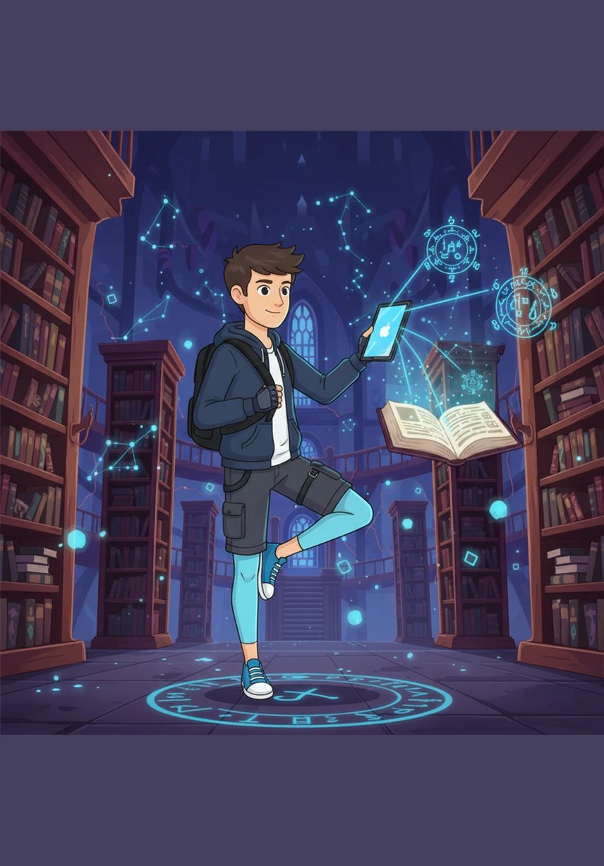 Tief im Herzen der lebendigen Bibliothek erschafft Alaric eine völlig neue Form der Magie, indem er reines Licht mit flüssigem Schatten kombiniert. Die entstehende Energieform pulsiert in seinen Händen und beweist, dass er nicht nur ein Nutzer, sondern ein wahrer Architekt der Realität ist, der Elemente aus dem Nichts formt.