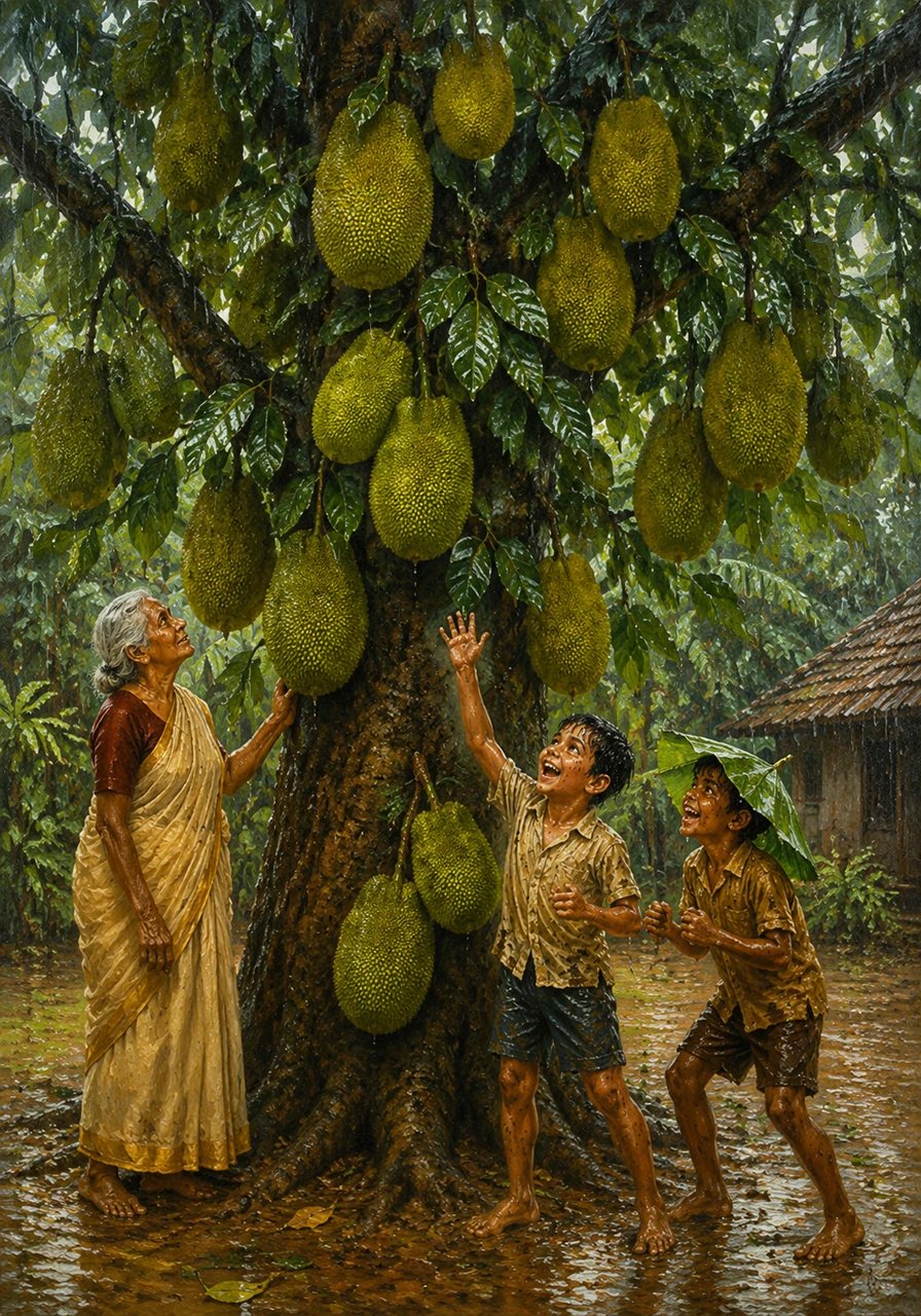 A giant jackfruit tree stood tall in the garden, its branches bowing under the weight of dozens of enormous, spiky fruits. The rain washed the dust from the leaves, making them shine like polished glass.