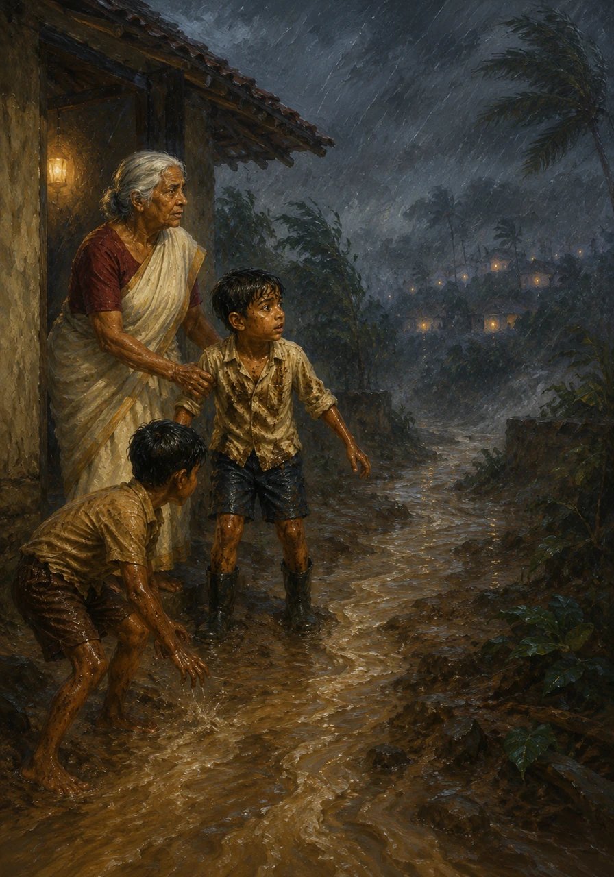 The wind began to howl, and the walkway leading to the house turned into a small, muddy stream. In the distance, the flickering lights of neighboring houses looked like tiny stars lost in the mist.