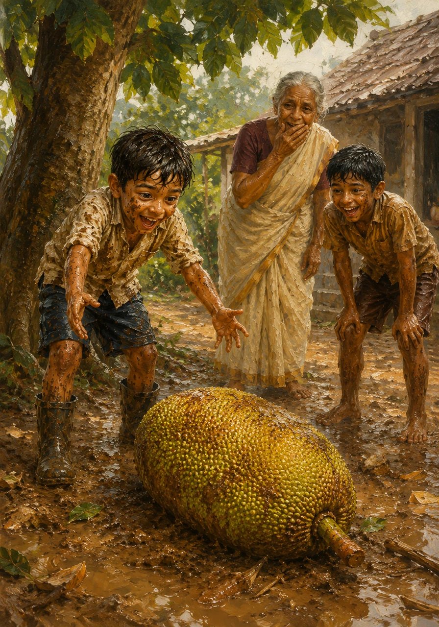 A sudden, heavy thud echoed through the yard as a ripe jackfruit broke free from the trunk and landed in the soft mud. It was the biggest fruit Kuttan had ever seen, and it lay there waiting to be rescued.