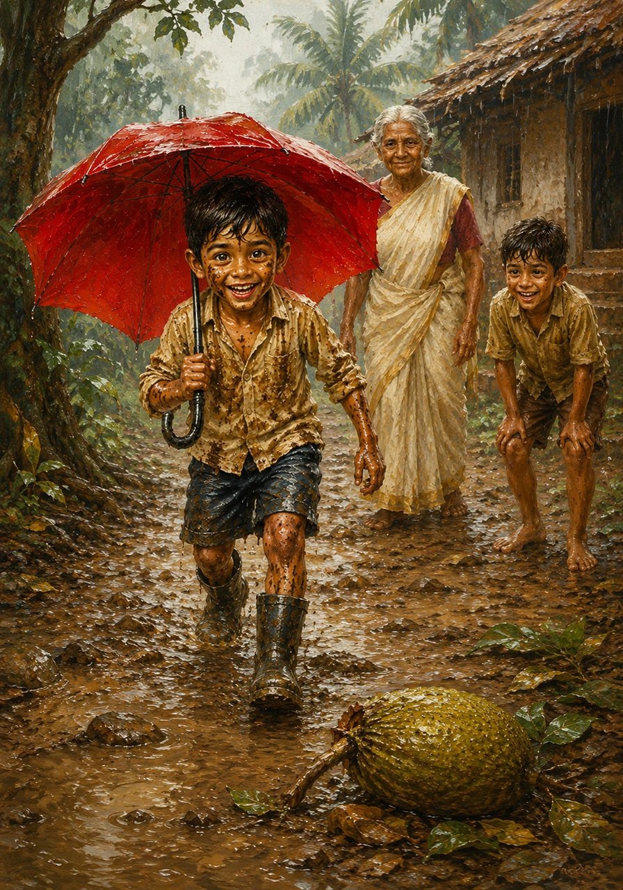 Kuttan opened his bright red umbrella and stepped out into the cool, wet air, his boots making squelching sounds in the mud. He navigated the narrow path, determined to reach the fallen fruit.