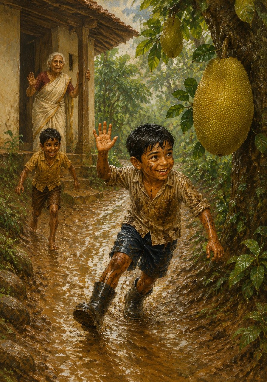 Be careful, Kuttan! The path is very slippery, his grandmother shouted from the dry safety of the veranda. He waved back at her, his eyes fixed on the giant jackfruit ahead.