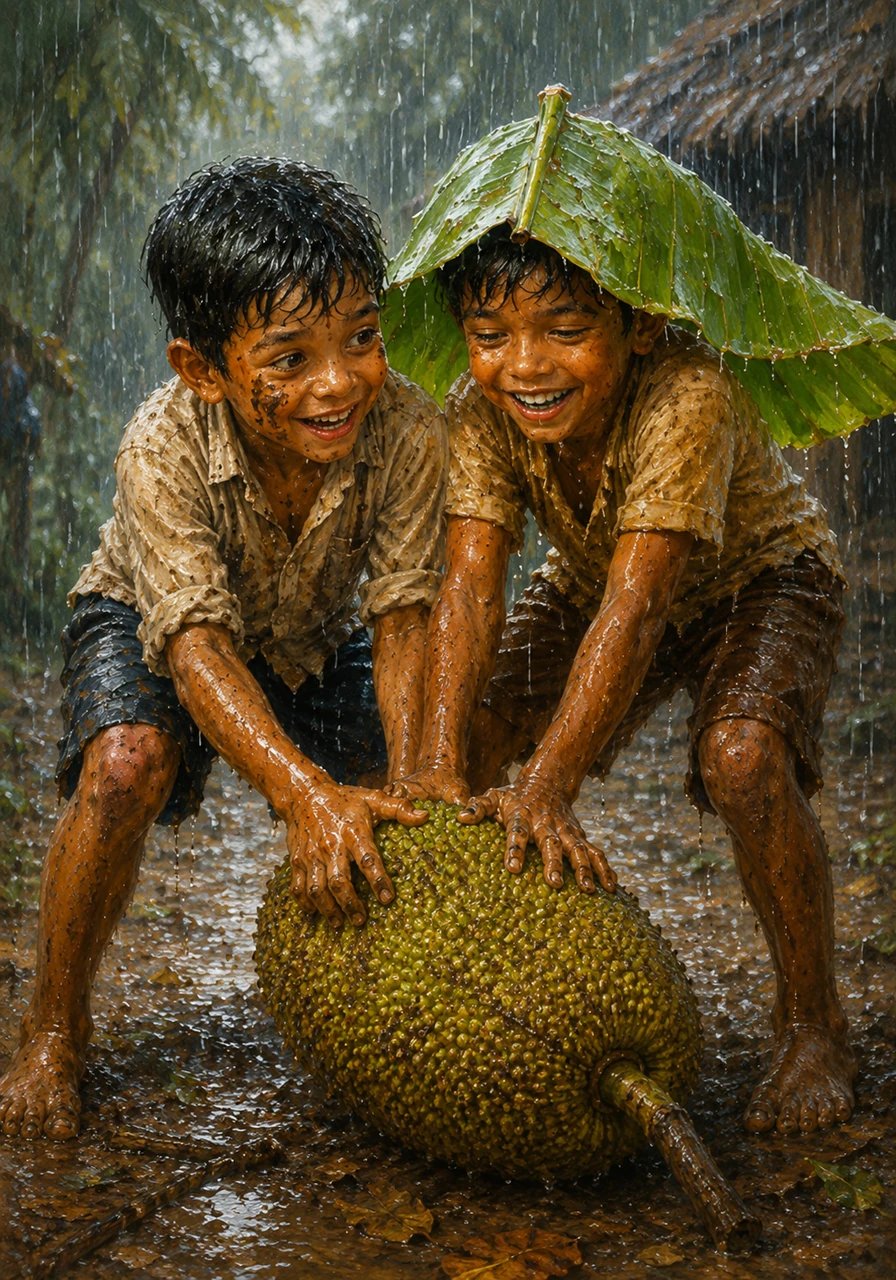 Just as he reached the fruit, his neighbor Ramu appeared through the rain, wearing a large banana leaf as a makeshift hat. Together, the two friends gripped the heavy, textured skin of the jackfruit.