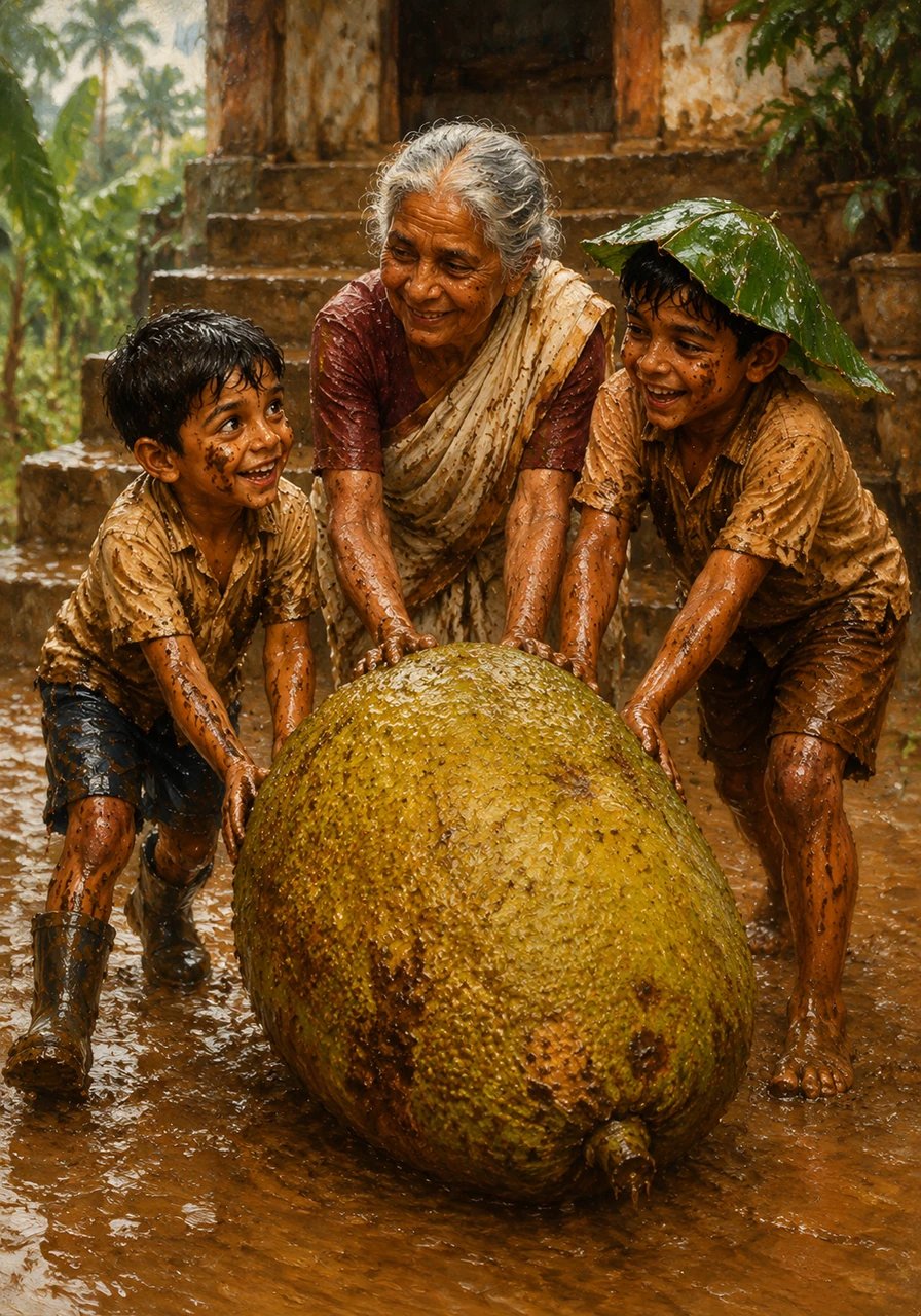 They heaved and pushed, sliding the heavy fruit along the muddy ground until they reached the stone steps of the house. They were drenched and covered in mud, but they couldn't stop grinning at each other.