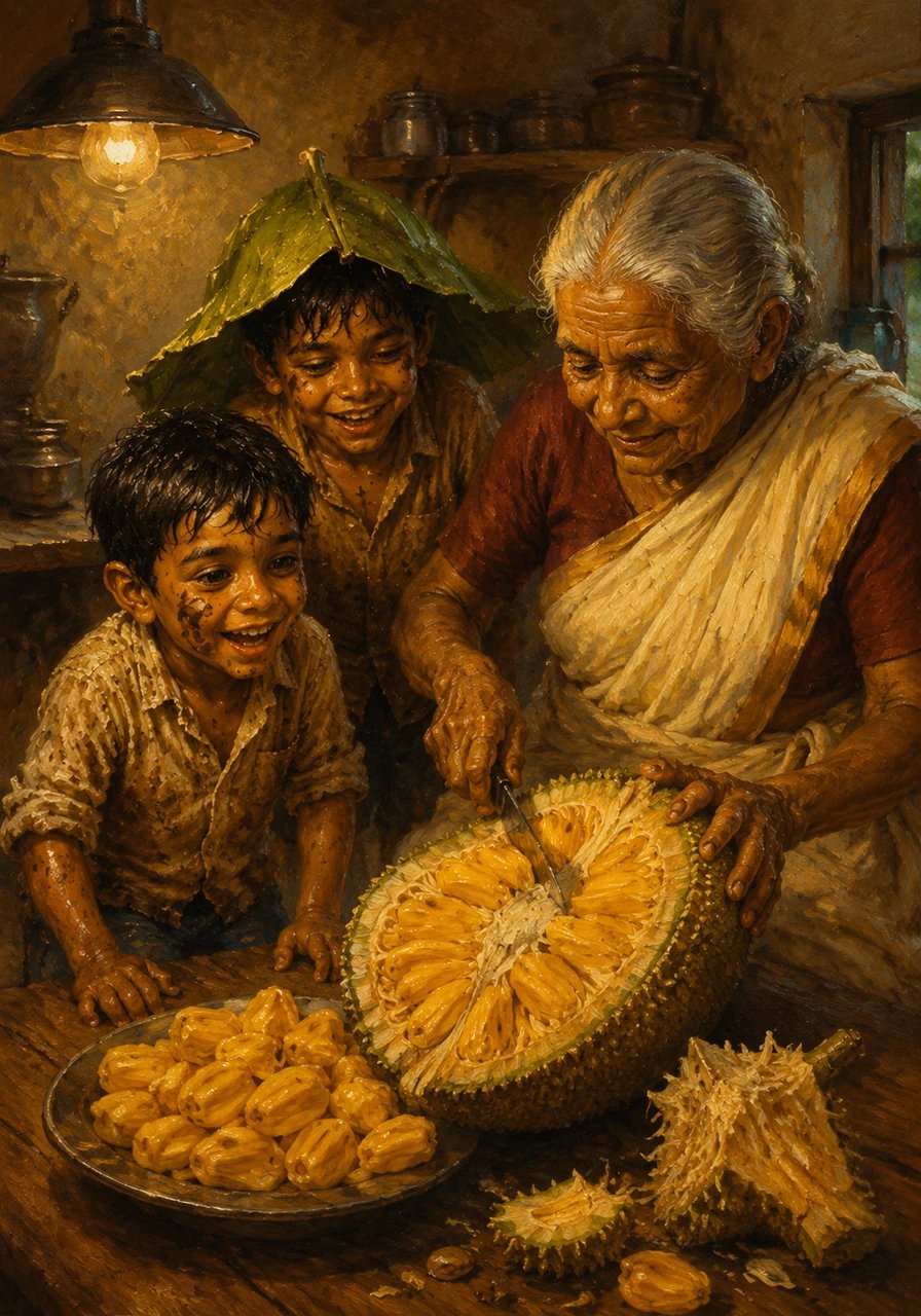 Inside the cozy kitchen, the sweet, intoxicating scent of ripening jackfruit filled the air as grandmother began to slice it open. The golden bulbs inside glowed like jewels under the dim light of the lamp.