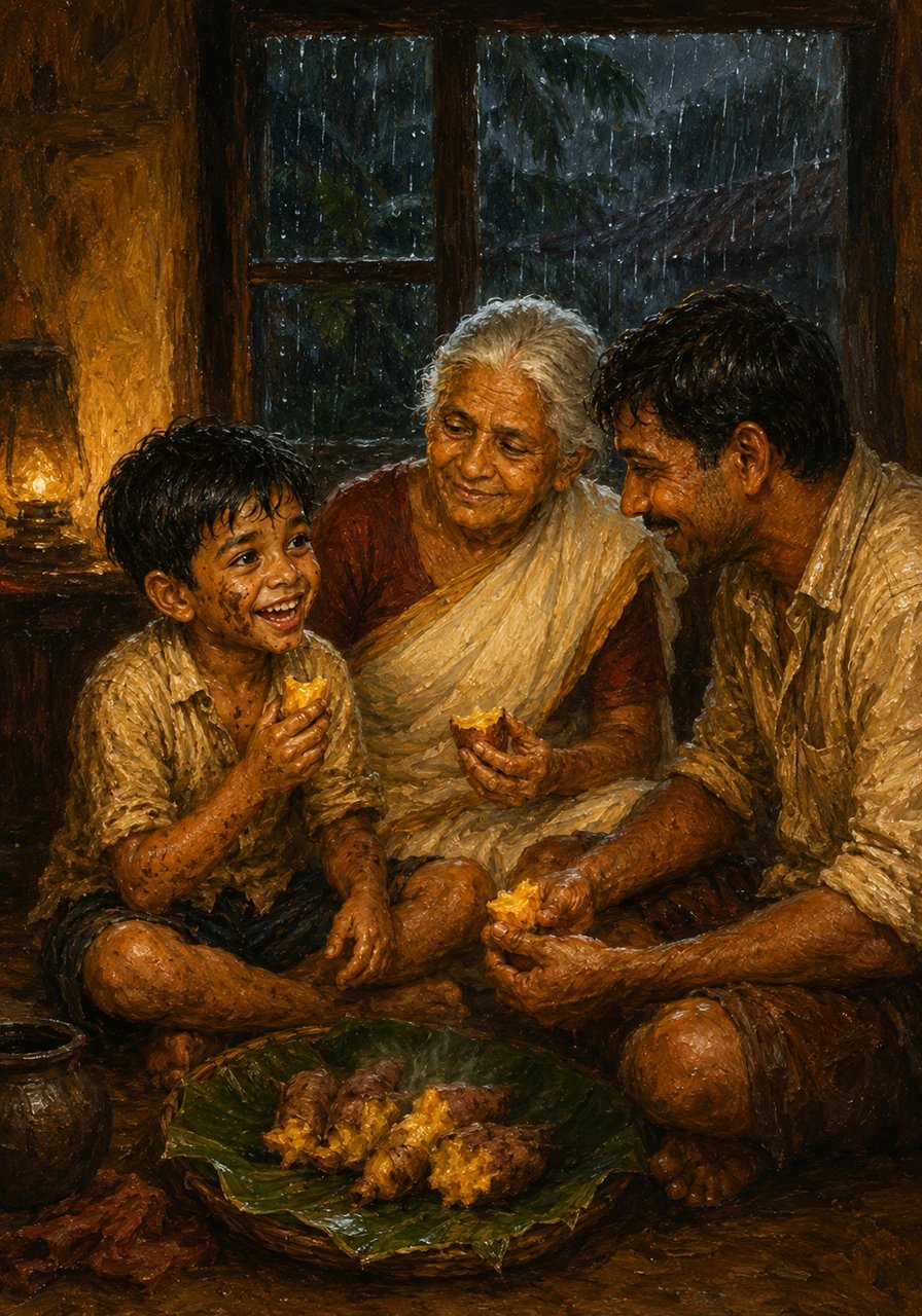 As the storm continued to drum against the roof, the family gathered around to share the sweet harvest. Kuttan felt a deep sense of peace, knowing that even the stormiest days bring their own special rewards.