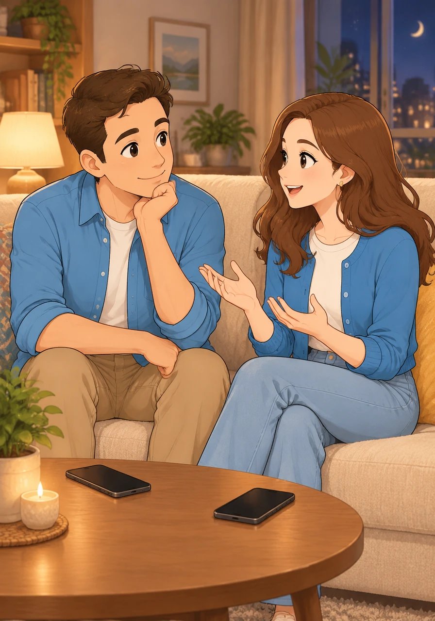 Na semana seguinte, o desafio é aprender a escutar verdadeiramente sem interrupções ou distrações. Lucas e Clara desligam os celulares à noite e se sentam no sofá para conversar sobre como foi o dia de cada um. Lucas ouve com atenção e empatia, criando um espaço seguro onde ambos podem se expressar sem julgamentos.