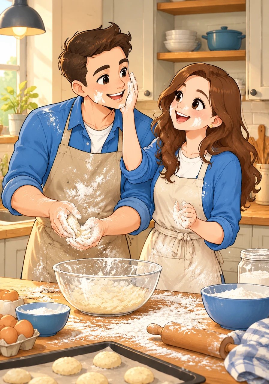 Para quebrar a monotonia da rotina, o casal decide resgatar a leveza e a diversão juntas. Eles vão para a cozinha preparar uma nova receita juntos, rindo dos erros e sujando as mãos de farinha ao som de suas músicas favoritas. O riso sincero volta a ecoar pelos cômodos, aliviando as tensões acumuladas.