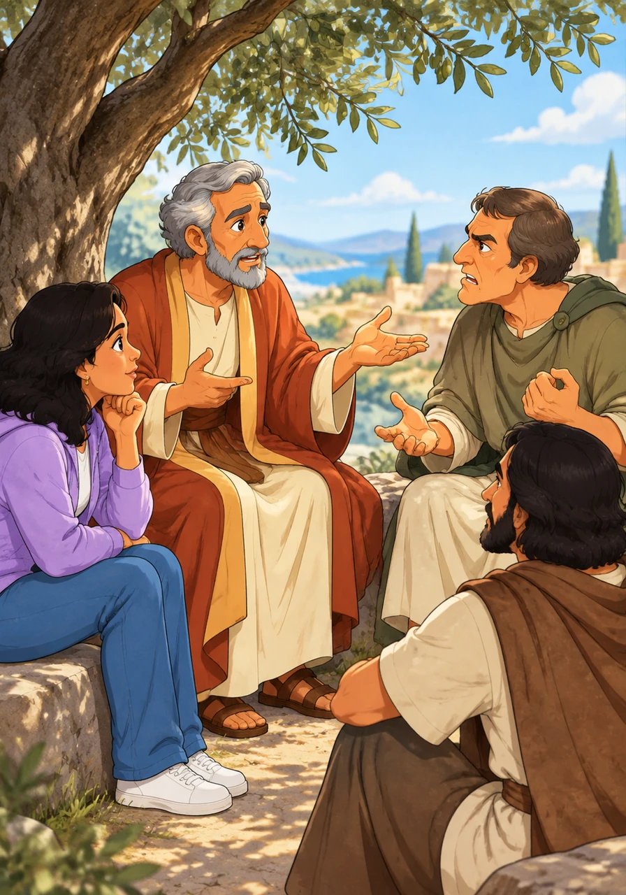 Aparecen las caricaturas de Agustín de Hipona y Pelagio debatiendo apasionadamente bajo la sombra de un olivo. Agustín explica a Janeth y Mariano que el simple hecho de existir, razonar y hacer el bien externo es un regalo divinamente otorgado a todos los hombres desde la Creación, aunque aclara que tales virtudes carecen de valor redentor sin la fe o el amor a Dios. Pelagio insiste tozudamente en que la voluntad humana es completamente capaz de alcanzar la virtud sin necesidad de una gracia innata.