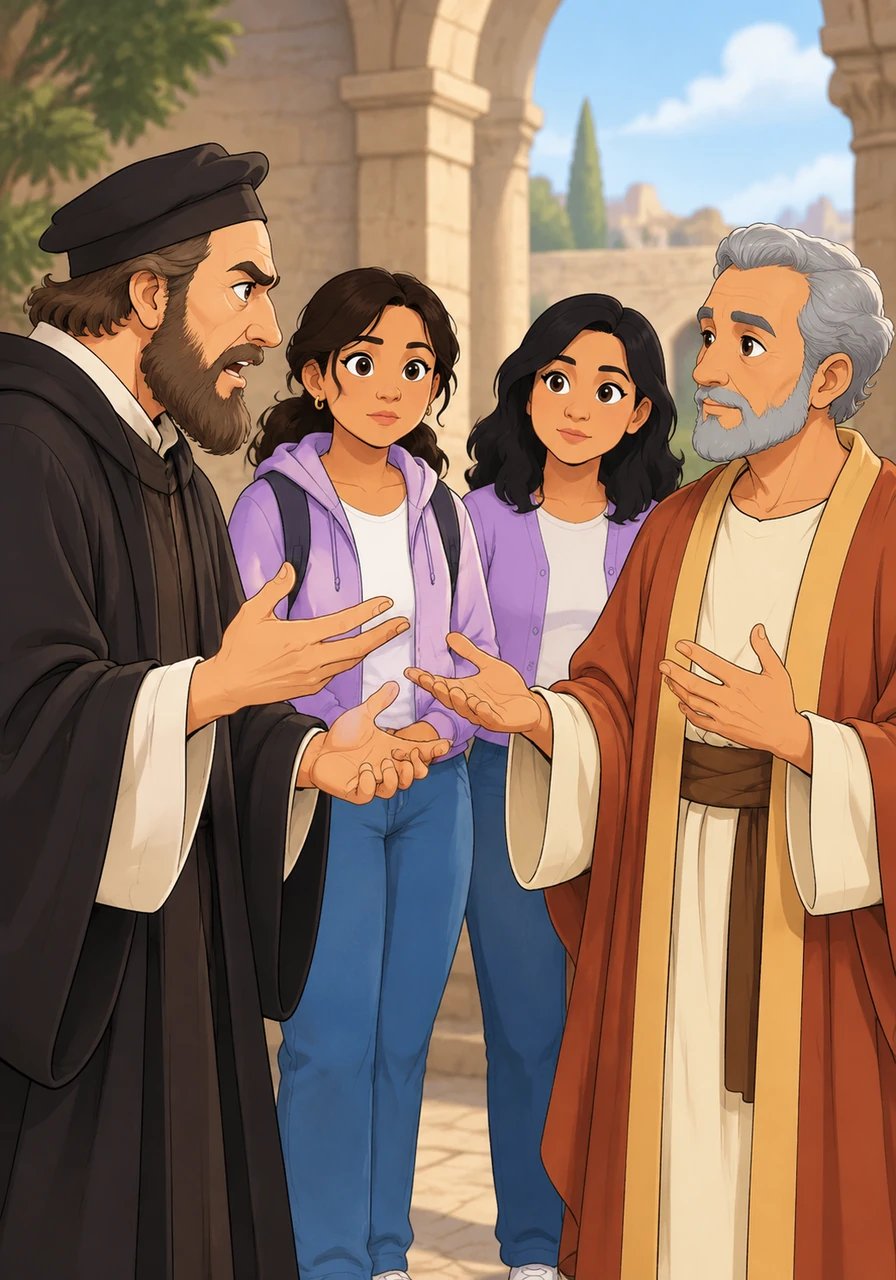 Un teólogo anabaptista se suma a la conversación con un tono firme ante Carmen y Elva. El anabaptista argumenta que existe una separación radical entre el reino de Dios y el mundo secular, cuestionando si la cultura civil tiene algún valor divino. Mariano contrapone sus ideas preguntando si el orden social y las leyes de los no creyentes no demuestran un propósito benevolente de Dios para preservar a la humanidad del caos moral.