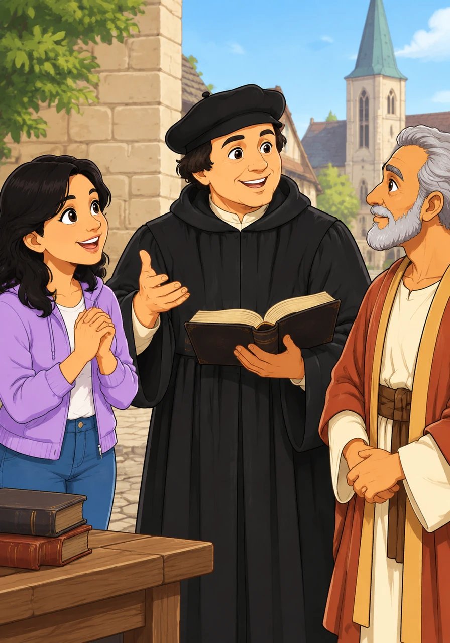 Martín Lutero aparece sonriente sosteniendo su traducción de la Biblia mientras dialoga animadamente con Elva y Mariano. El reformador explica la doctrina de los dos reinos, señalando que Dios gobierna el mundo terrenal concediendo sabiduría y justicia civil a creyentes y no creyentes por igual. Elva comprende entusiasmada que la integridad de su jefe es una muestra de la bondad providencial de Dios en el reino terrenal.