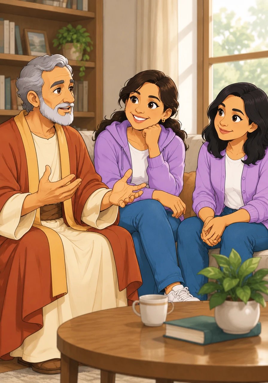 Karl Barth dialoga serenamente con Elva y Carmen expresando su cautela frente a cualquier intento de equiparar la gracia común con la revelación general. Barth enfatiza enérgicamente que toda verdadera gracia de Dios está única y exclusivamente concentrada en la persona y obra de Jesucristo. Elva debate amablemente destacando la importancia de reconocer la generosidad de Dios en las bendiciones cotidianas que disfrutan todos los seres humanos.