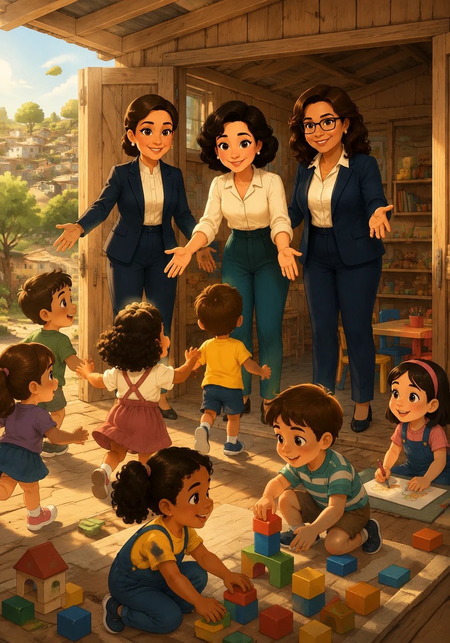 Long ago in 1989, in the cozy neighborhood of Barra, a visionary teacher named Nólia had a big dream to build a place where every young child could learn and play. In a humble wooden shed provided by her own generous heart, she opened the very first municipal kindergarten of the neighborhood, calling it Little Heart of a Child.