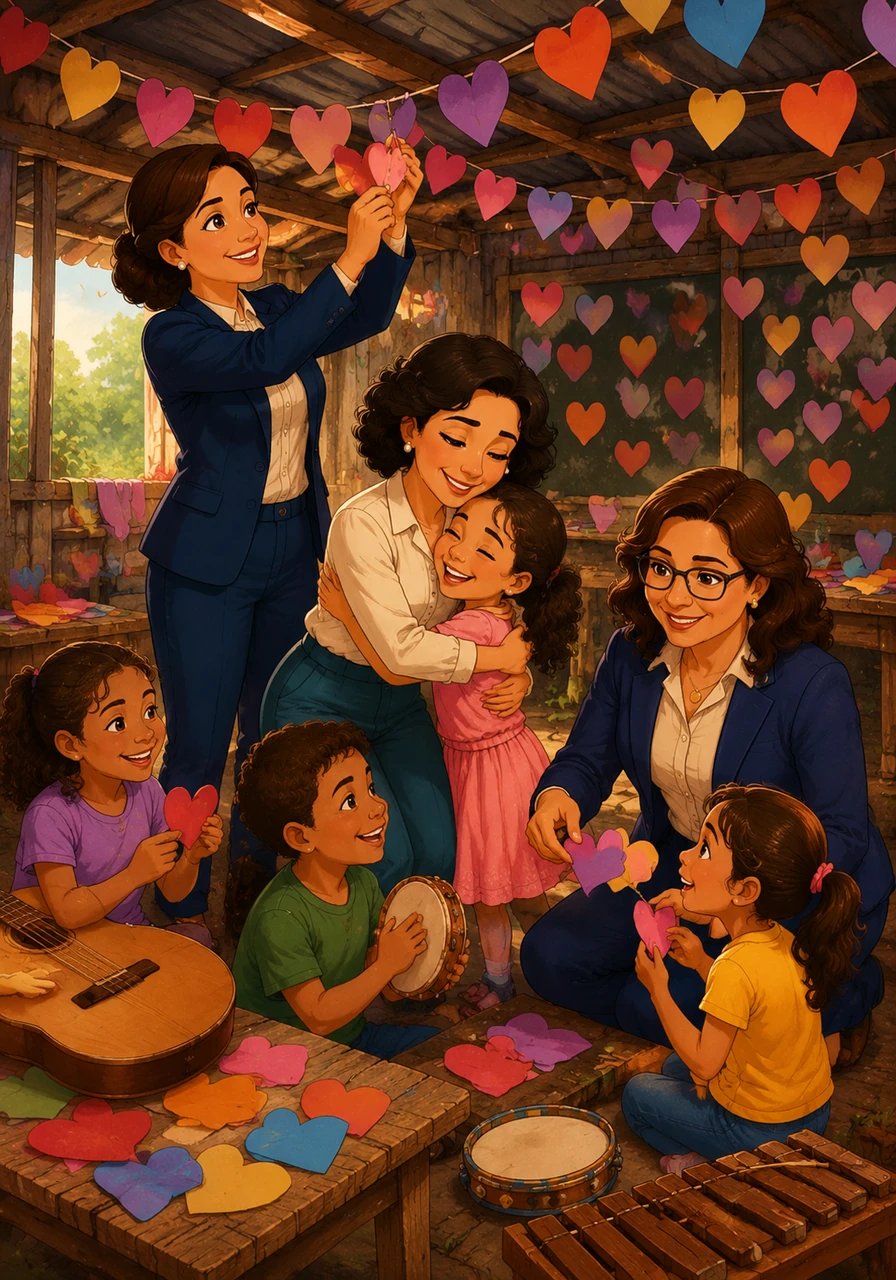 Together with teacher Maria Aparecida, teacher Nólia filled the makeshift room with colorful paper cutout hearts, gentle songs, and warm hugs. Even with simple wooden tables and hand-painted chalkboard walls, the small shed overflowed with happy giggles and bright futures taking flight.