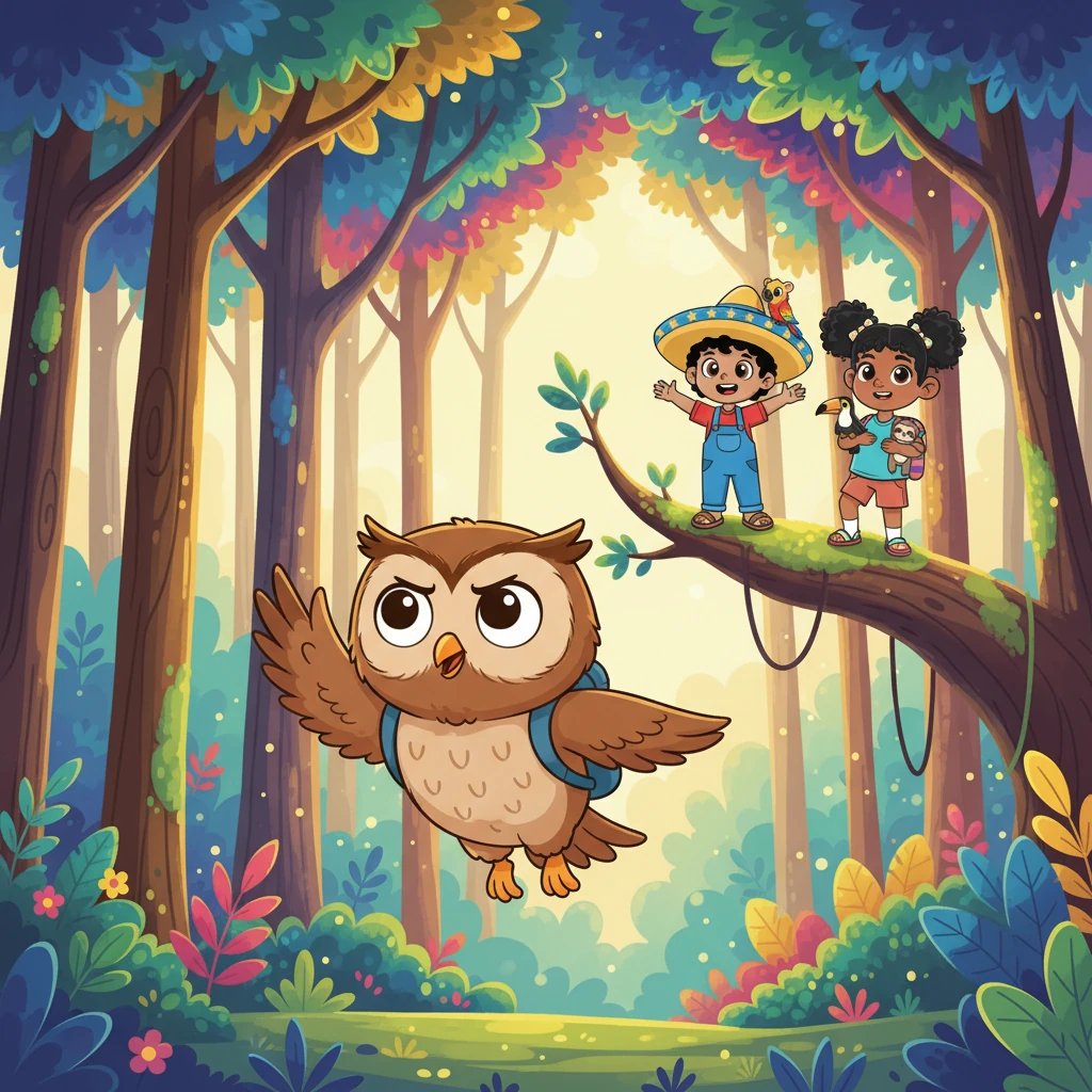 Decidido a encontrar su "gran hoot", Pipo se despidió de sus amigos con un ala. Emprendió un viaje valiente, volando a través de los árboles altos y coloridos del bosque. El sol brillaba alegremente entre las hojas.