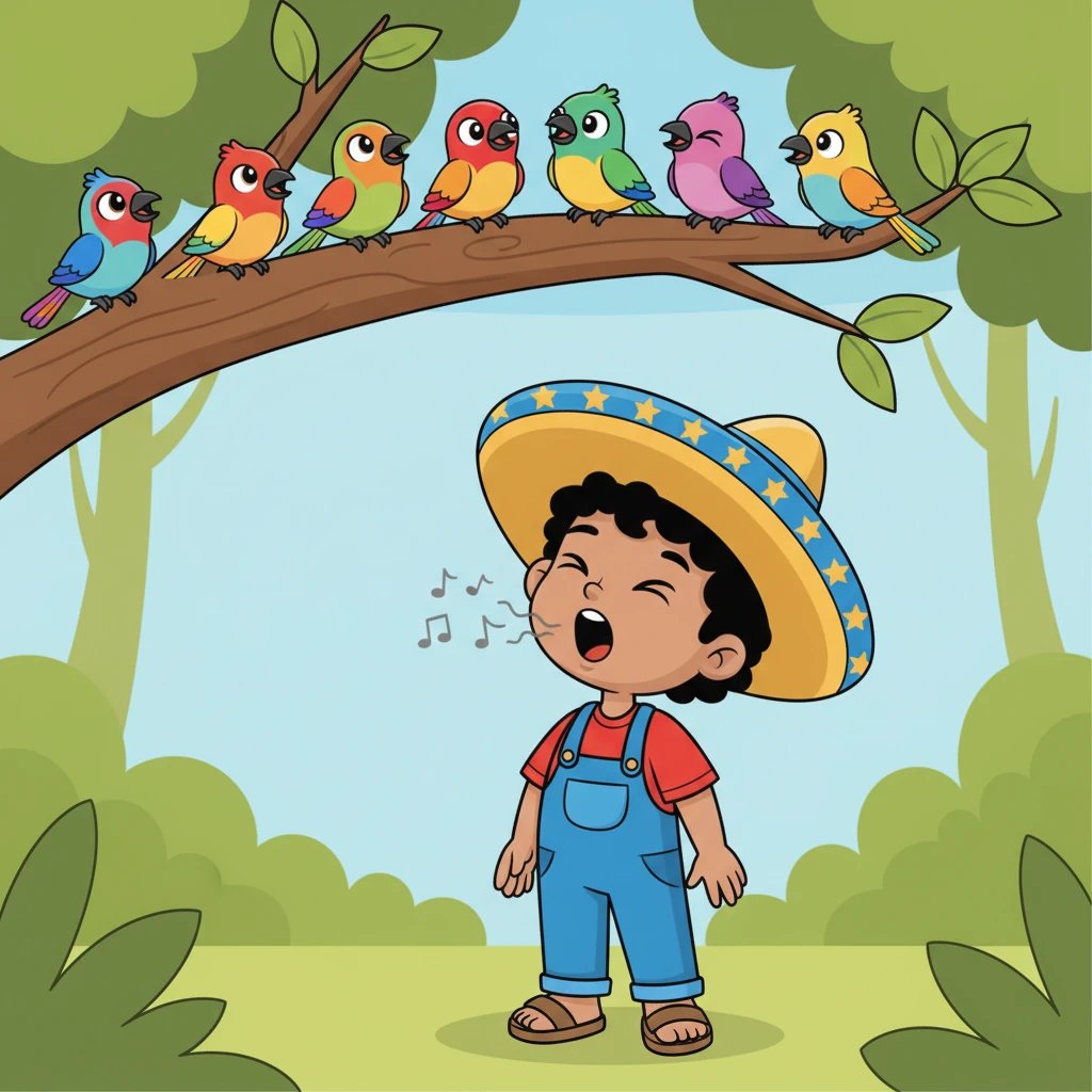 Más adelante, Pipo encontró un grupo de pájaros cantores, con plumas de todos los colores del arcoíris, posados en una rama. Intentó cantar con ellos, abriendo su pequeño pico, pero sus notas eran temblorosas y desafinadas. Los pájaros lo miraron con curiosidad.