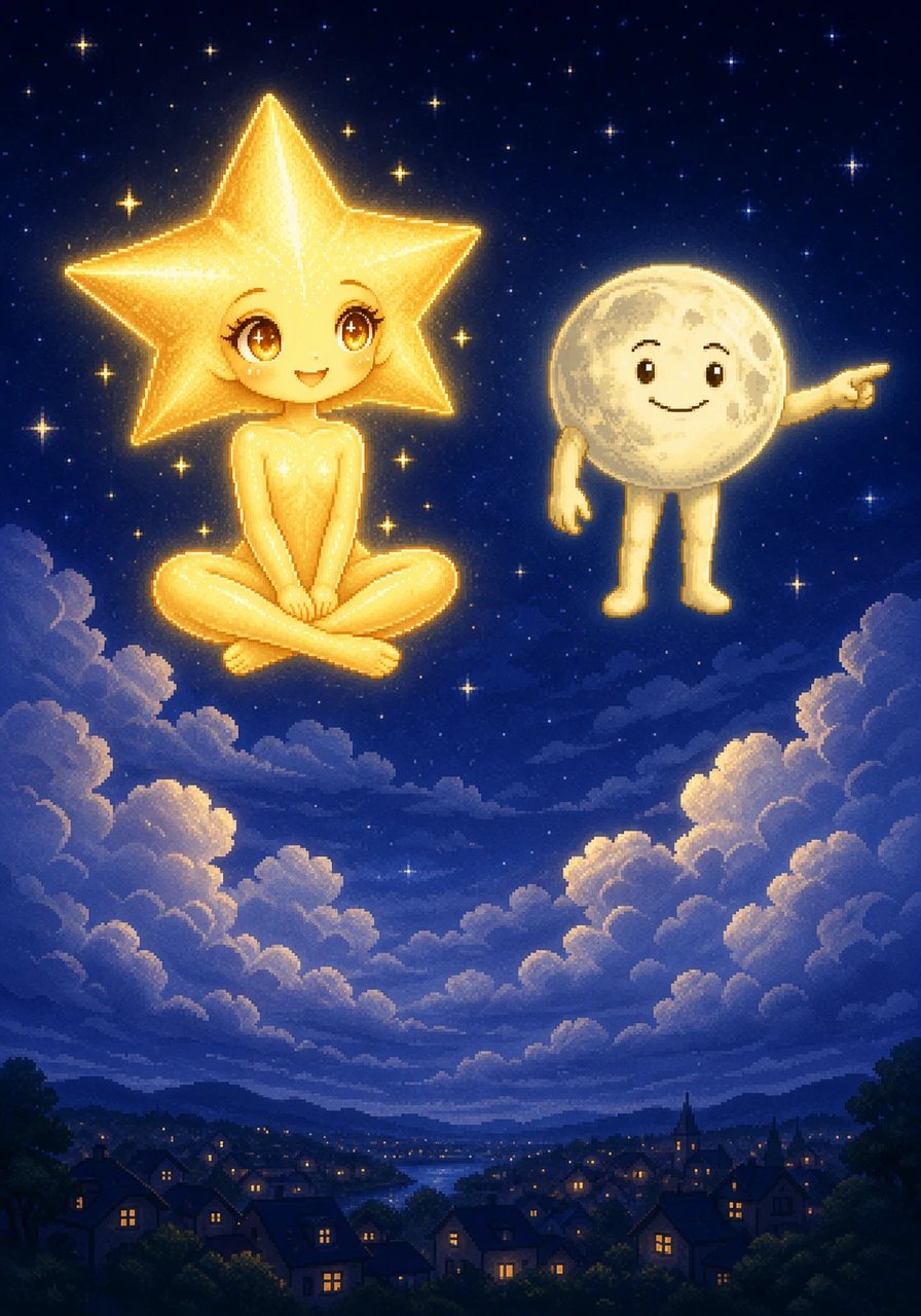 High above the fluffy, drifting clouds lived a gentle little star named Stella, who loved watching the peaceful world sleep below. Every evening, she would cast a soft, comforting twinkle over the rooftops, happy to be a quiet guardian of the night.