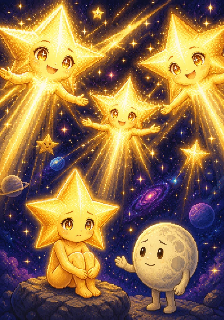 Soon, Stella began to notice the magnificent, giant stars glittering around her, casting brilliant beams across the cosmos. They sparkled so intensely that the whole universe seemed to celebrate their presence, making Stella feel instantly overshadowed.