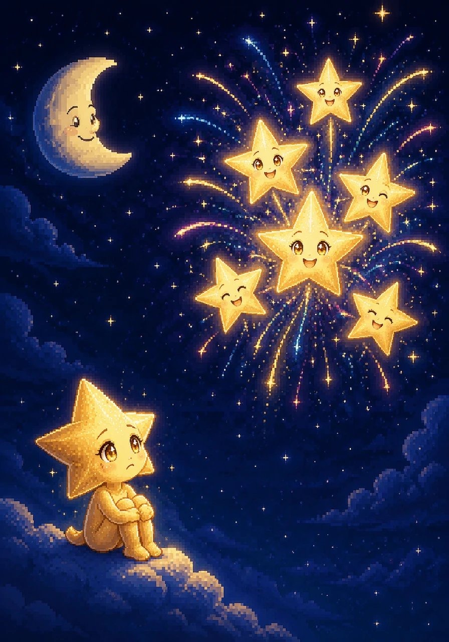 As she watched the larger stars perform their dazzling celestial dance, a deep sadness crept into Stella's heart. She began comparing her delicate glimmer to their radiant fireworks, wishing desperately that she could change her own light just to be noticed.