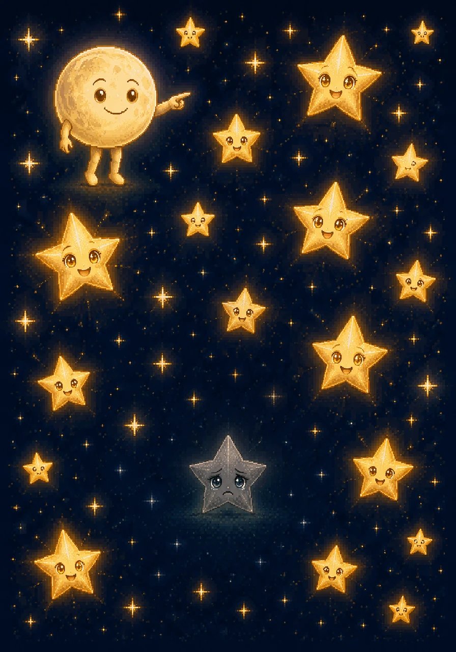 With each passing night, the heavy weight of comparison made Stella feel smaller and more invisible in the vast, crowded sky. Her cheerful spirit dimmed, and her beautiful, soft glow began to fade away into a dull and gloomy gray.