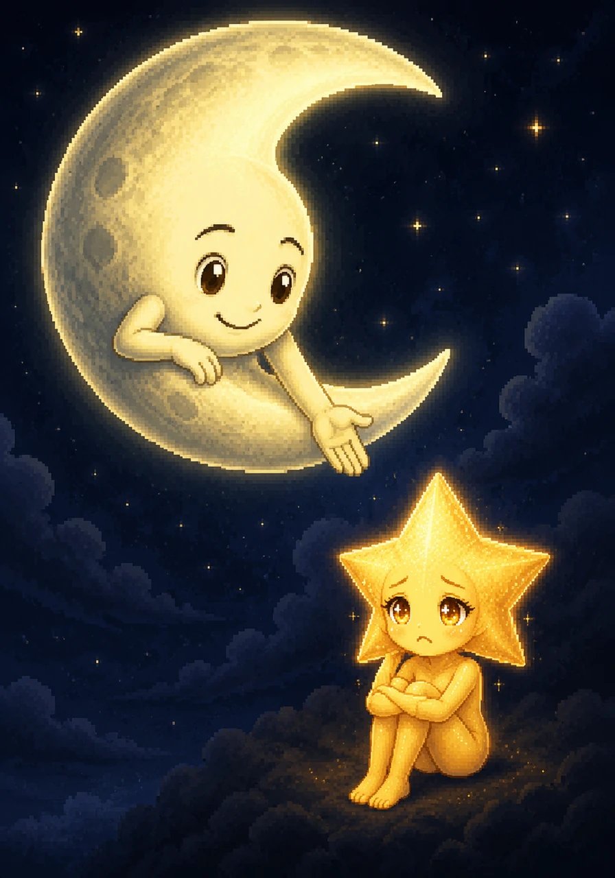 Perched on a silver crescent, the kind and watchful Moon noticed Stella sitting all by herself in the dark shadows. He leaned down with a warm, gentle smile and asked her why such a sweet little star looked so deeply sorrowful.