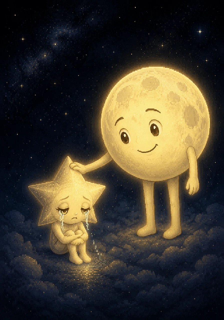 Stella looked down at her feet and tearfully explained that her light was too weak and could never match the breathtaking brilliance of the others. She felt entirely ordinary, believing that her simple presence didn't matter to the sky at all.