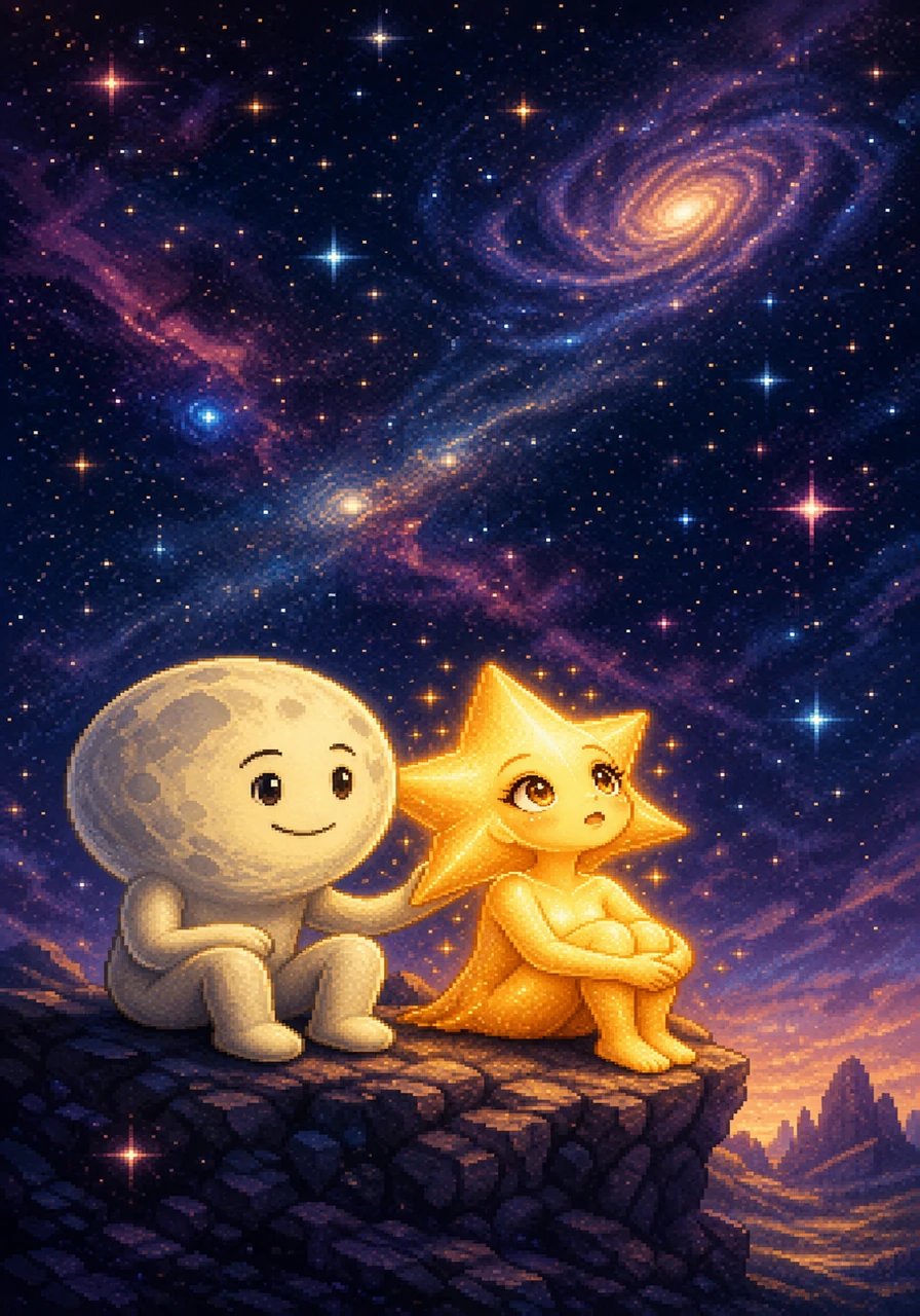 The wise Moon listened patiently to her worries, then softly gestured toward the infinite canopy of space stretching out before them. He invited Stella to look past her own sadness and truly observe the magnificent tapestry of the night.