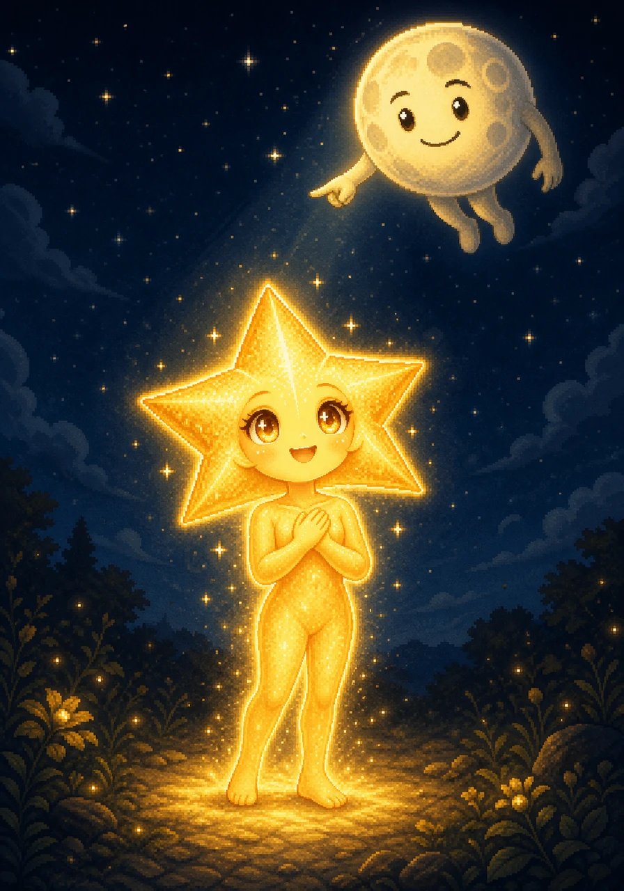 Taking the Moon's wise words to heart, Stella stopped comparing herself to others and proudly embraced her own quiet magic. Instantly, a warm energy surged through her, and she began to sparkle brighter than ever before, beautifully illuminating the dark with her true self.